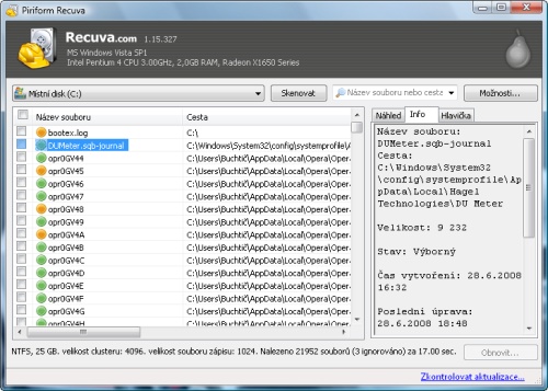 Recuva - rozhraní programu